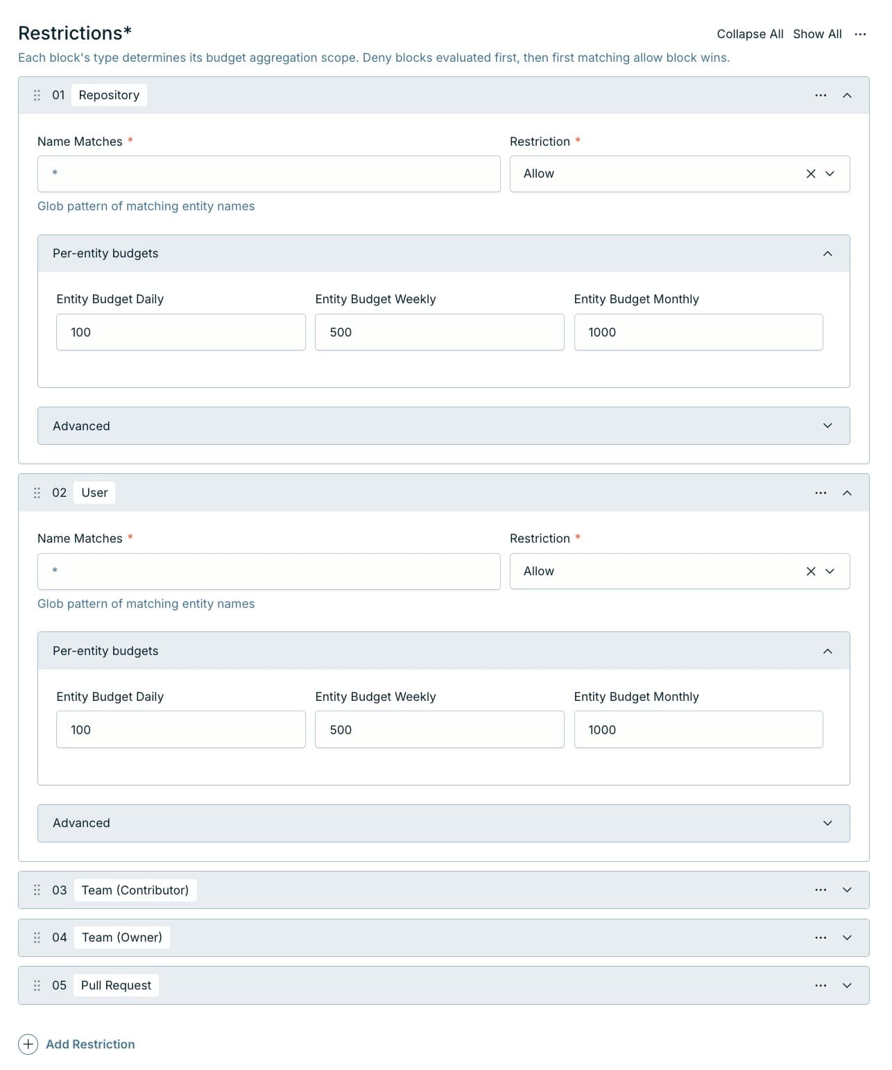 An agent's restrictions — repository, user, and team blocks, each with allow/deny and per-entity daily, weekly, and monthly budgets