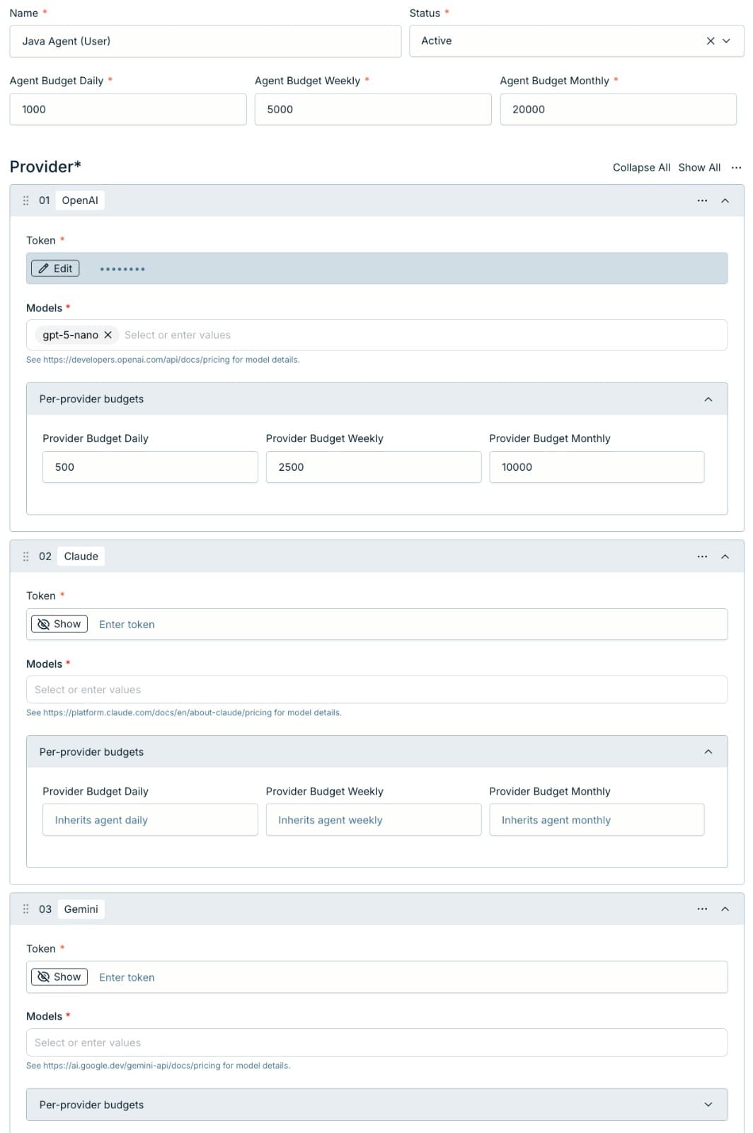 The PURA review agent editor — name, status, agent daily/weekly/monthly budgets, and provider blocks for OpenAI, Claude, and Gemini with keys, models, and per-provider budgets