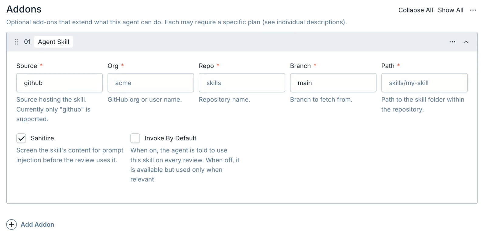 The Agent Skill addon on a PURA review agent — source, organization, repository, branch, path, and the sanitize and invoke-by-default options