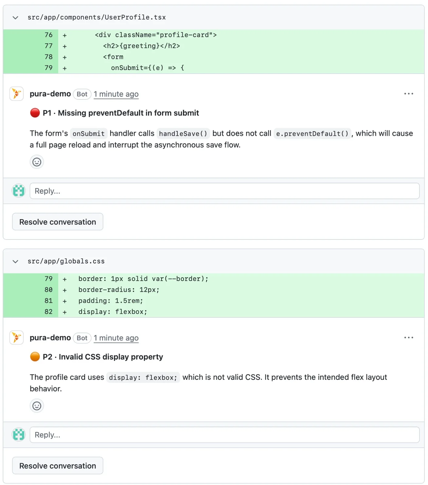 Inline PURA review comments anchored to specific lines, each tagged P1 or P2 with an explanation